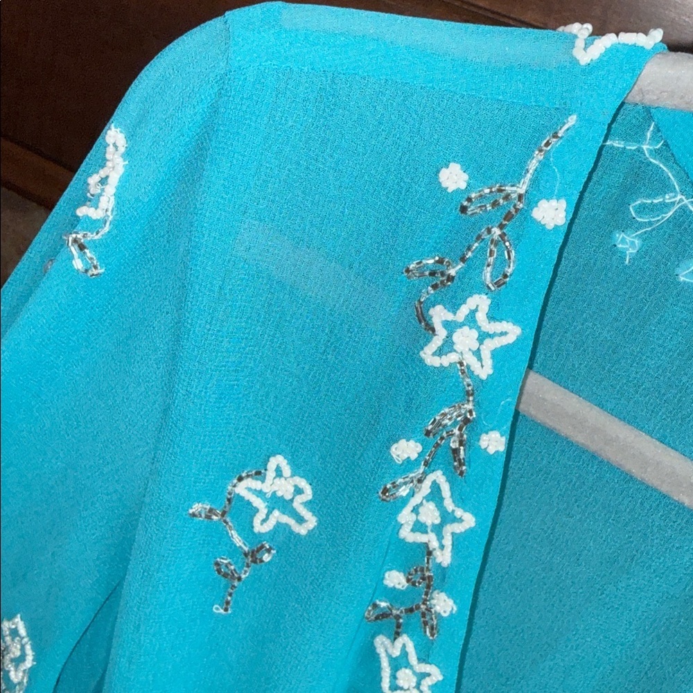 Turquoise semi sheer beaded embellished asymmetrical swim cover/ tunic Y2K M - Picture 6 of 13